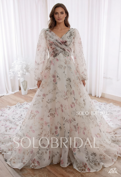 20240415C Purple Floral V neck Long Sleeve Organza Wedding Dress