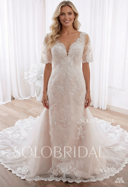 20240415D Champagne Fit and Flare Short Sleeve Sweetheart Wedding Dress