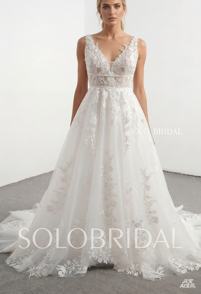 Ivory V neck seen through body A line wedding dress 20241207C