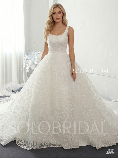 Ivory luxury Big A line shiny wedding gowns with long train