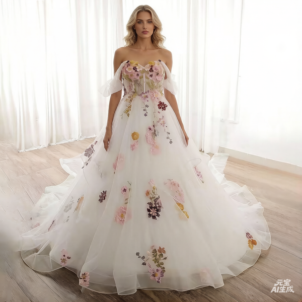 Ivory Floral Off Shoulder A Line Wedding Dress 2024072602