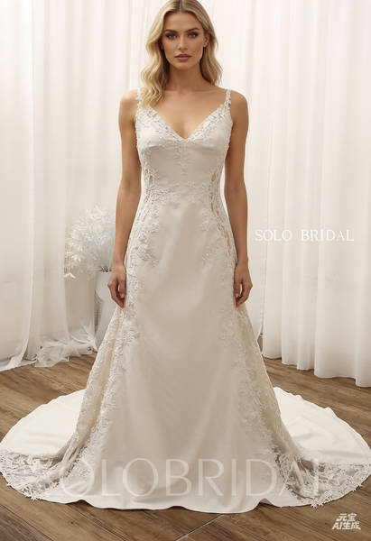 Ivory V neck high back crepe wedding dress