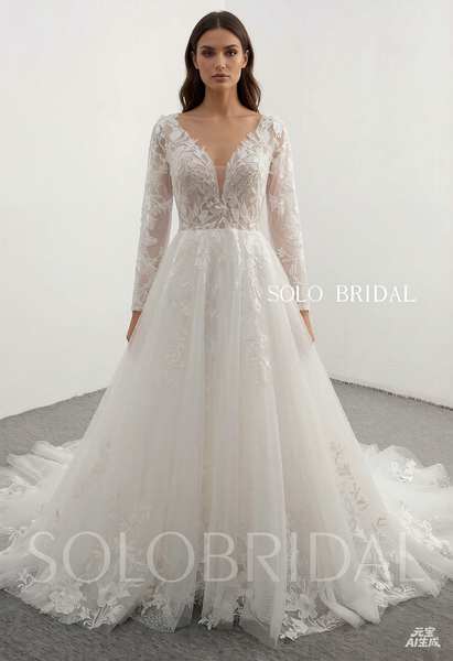 Ivory Sparkly Long Sleeve A Line Wedding Dress 20241022A
