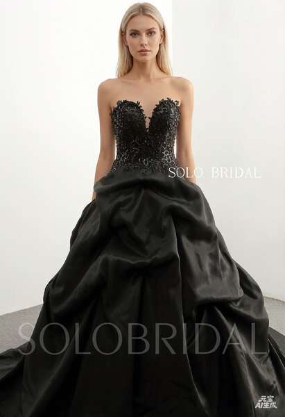 Black satin heavy beading Ruffle Skirt Ball Gown Dress 20241022B