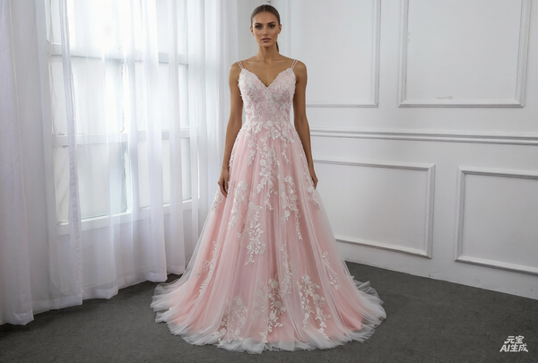 Pink Spaghetti Strap Wedding Dress