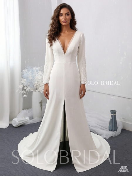 Ivory fitted V neck sleeves split wedding dress