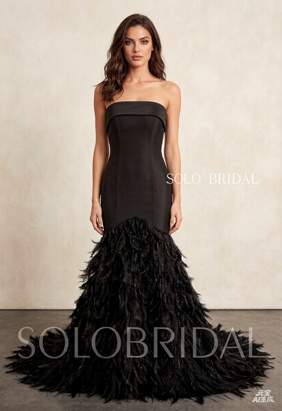 Black Mermaid feather satin Wedding dress 20241022C