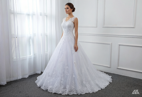 White V neck Lace up A Line Lace Wedding Dress