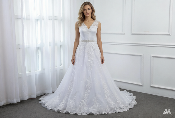 A Line Applique Lace Dress with Lace Straps and Beaded Belt