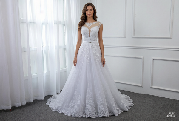 A Line Wedding Dress with Hem Lace Skirt