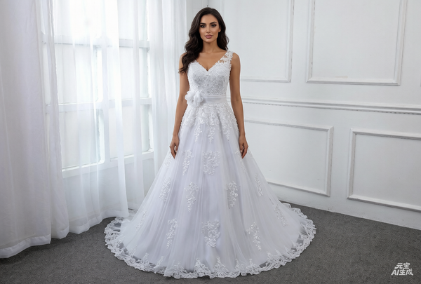 A Line Sequined Wedding Dress with Tulle flower Belt