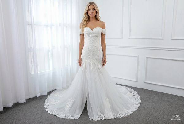 Ivory Off Shoulder Short Sleeve Mermaid Shape Lace Wedding Dress with Cathedral Train
