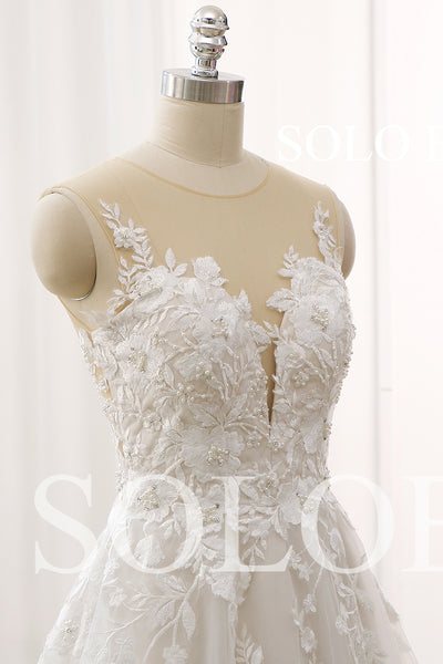 Ivory Illusion Deep Neck A Line Lace Wedding Dress 2023061202