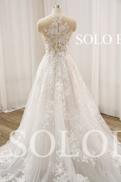 Ivory Illusion Deep Neck A Line Lace Wedding Dress 2023061202