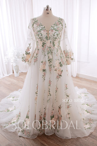 20240415A Green Floral Lace V Neck Long Sleeve A Line Wedding Dress