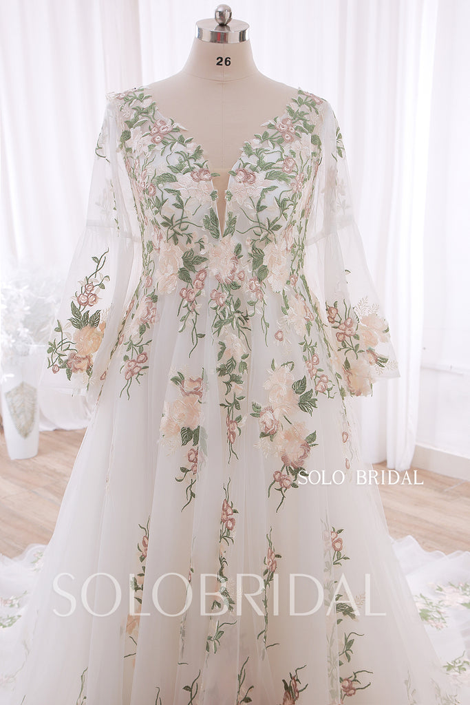 20240415A Green Floral Lace V Neck Long Sleeve A Line Wedding Dress SoloBridal 20240415A Green Floral Lace V Neck Long Sleeve A Line Wedding Dress SoloBridal