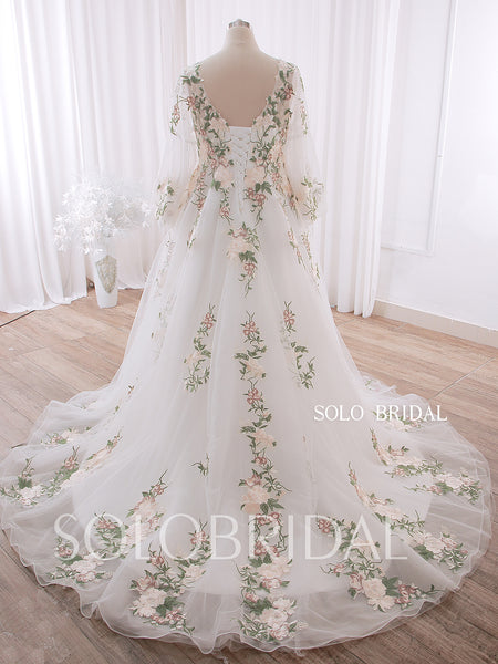 20240415A Green Floral Lace V Neck Long Sleeve A Line Wedding Dress