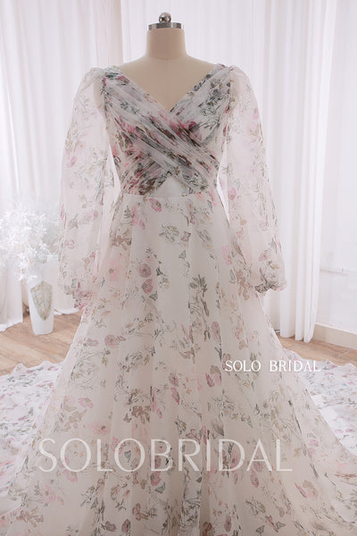 20240415C Purple Floral V neck Long Sleeve Organza Wedding Dress