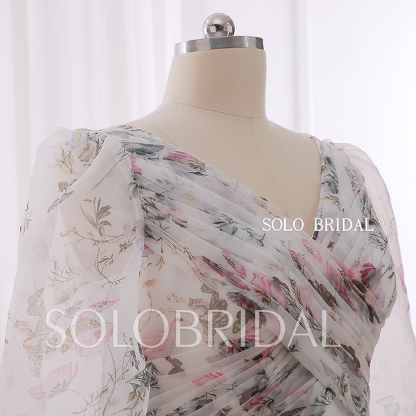 20240415C Purple Floral V neck Long Sleeve Organza Wedding Dress