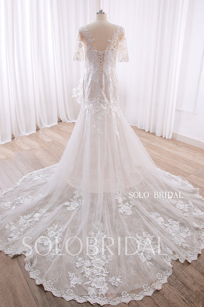 20240415D Champagne Fit and Flare Short Sleeve Sweetheart Wedding Dress