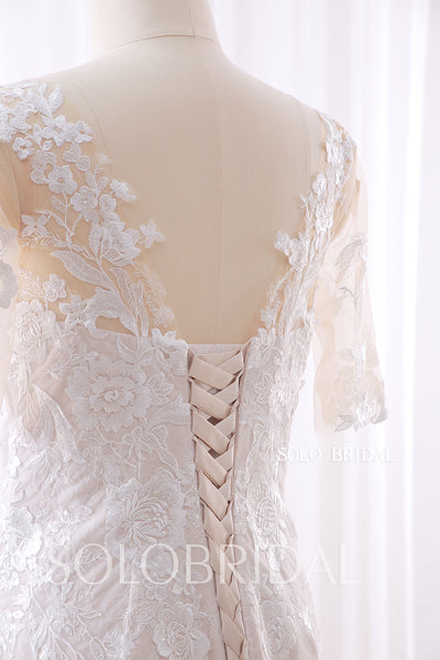 20240415D Champagne Fit and Flare Short Sleeve Sweetheart Wedding Dress