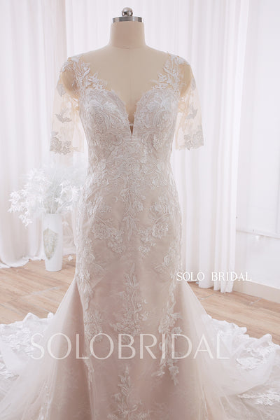 20240415D Champagne Fit and Flare Short Sleeve Sweetheart Wedding Dress