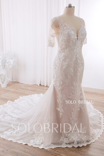 20240415D Champagne Fit and Flare Short Sleeve Sweetheart Wedding Dress