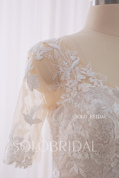20240415D Champagne Fit and Flare Short Sleeve Sweetheart Wedding Dress
