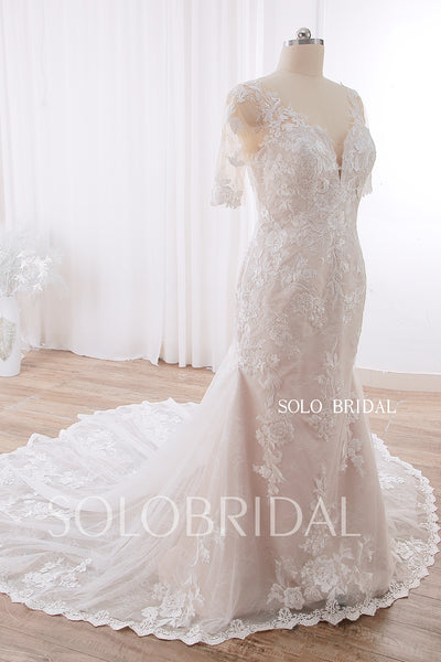 20240415D Champagne Fit and Flare Short Sleeve Sweetheart Wedding Dress