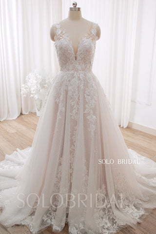 20240428C Blush Pink Sweetheart V Neck Shiny Skirt A Line Wedding Dress