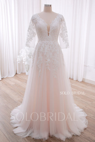20240428D Ivory Pink Short Sleeve Sweep train Small A Line Wedding Gown