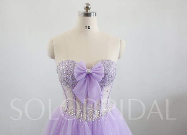 Purple A line girl evening dress with bow 20250318A