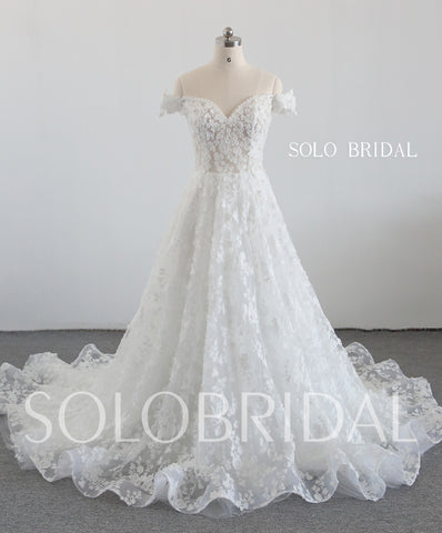 Ivory off shoulder A line lace wedding dress 20250318B