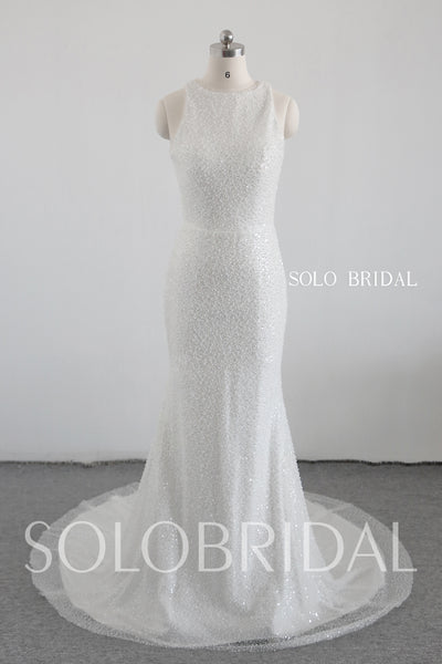 Ivory halter sheath pearl sparlle wedding dress 20250318E