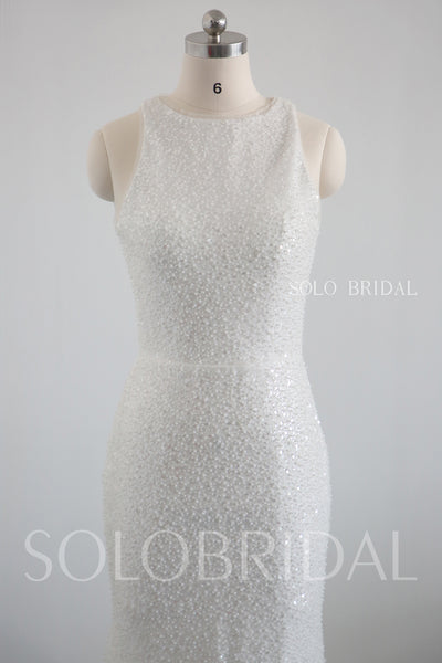 Ivory halter sheath pearl sparlle wedding dress 20250318E