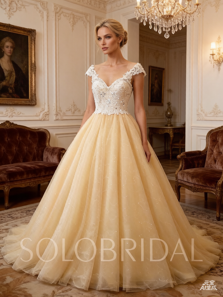 Champagne shiny ball gown wedding dress