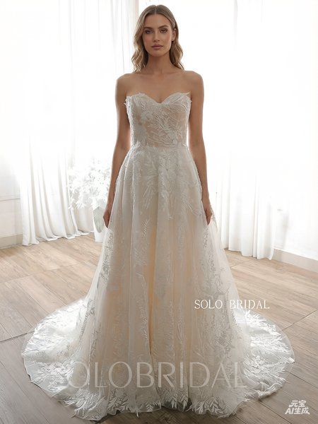20240612A Champagne Strapless Sweetheart A Line Wedding Dress