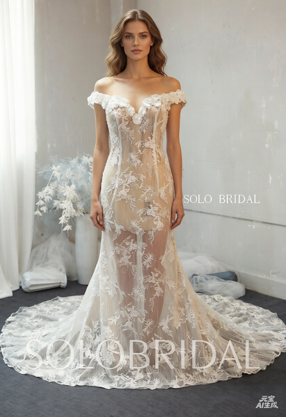 Skin color lace off shoulder wedding dress