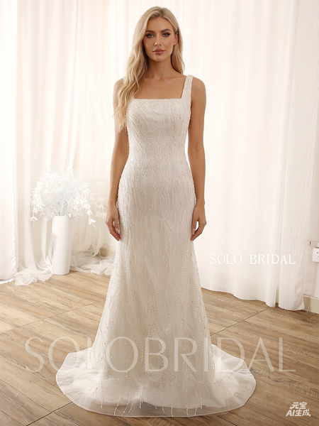 Ivory Sparkling Square Neck Sheath Wedding Dress 724A9227