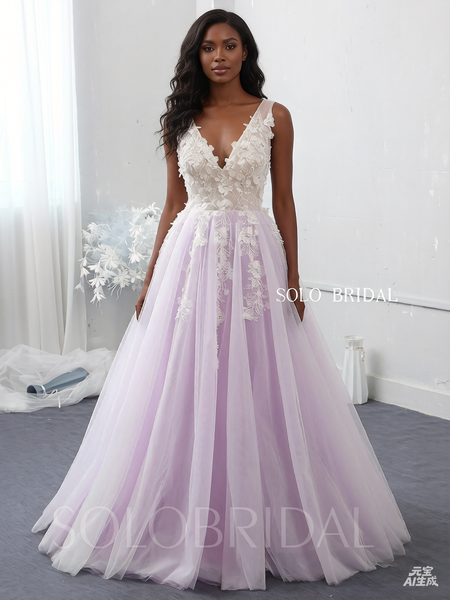 V neck 3D flower ivory and purple wedding dress