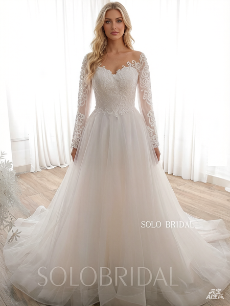 20240612B Ivory Long Sleeves Illusion Top A Line Wedding Dress