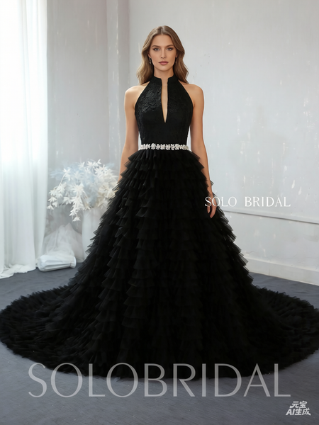 A line ruffle black wedding dress -