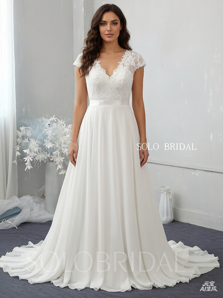 V neck ivory chiffon A line wedding dress