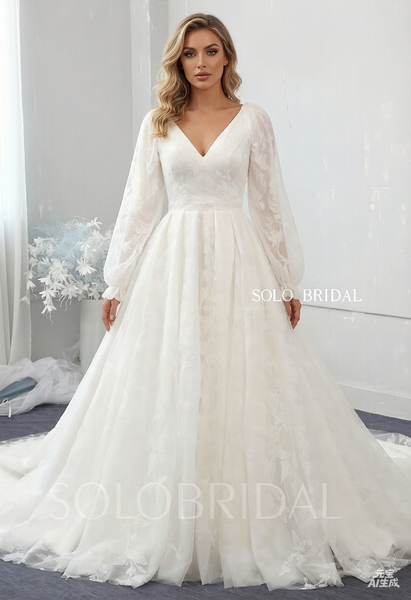 Ivory leaf lace loose sleeve wedding dress