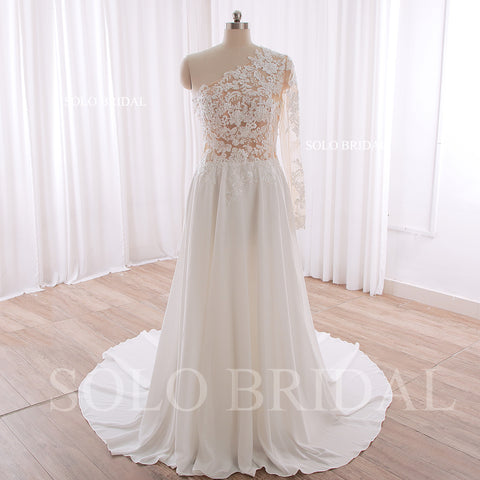 240402F Ivory One shoulder Long Sleeve A Line Chiffon Wedding Dress