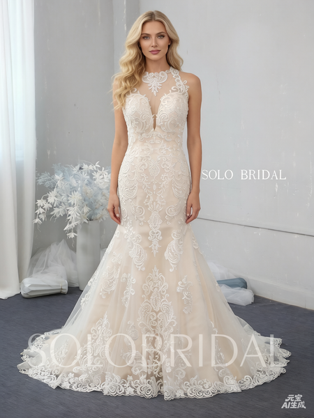 Light champagne fit and flare halter wedding dress