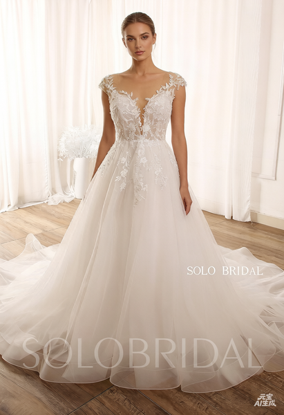 Ivory A Line Illusion Neck Tulle Wedding Dress with Lace 724A9244