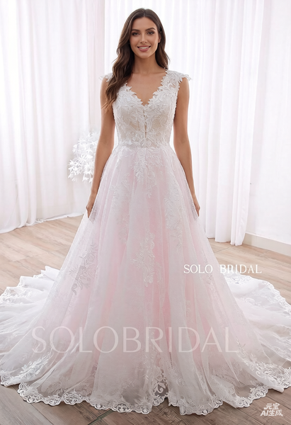20240428A  Pink Sweetheart V Neck Lace Up A Line Wedding Gown
