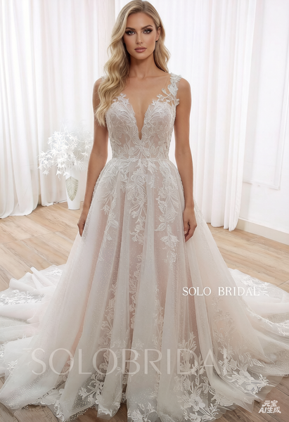 20240428C Blush Pink Sweetheart V Neck Shiny Skirt A Line Wedding Dress