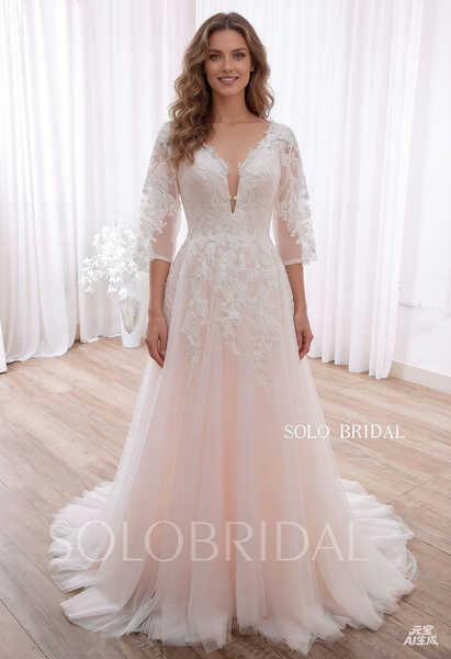 20240428D Ivory Pink Short Sleeve Sweep train Small A Line Wedding Gown